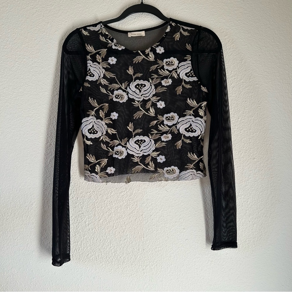 MIND CODE Black White Gold Floral Embroidered Mesh Long Sleeve Women fits Xs-S
